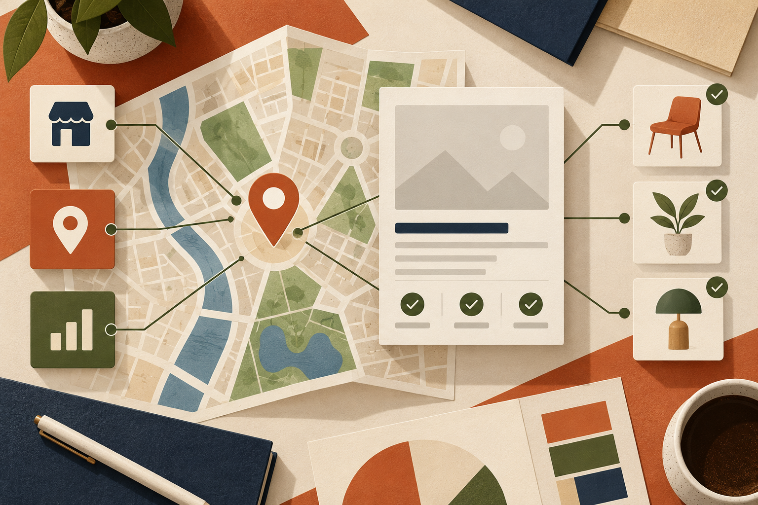 People-free diagram connecting a local map, product card, and inventory record