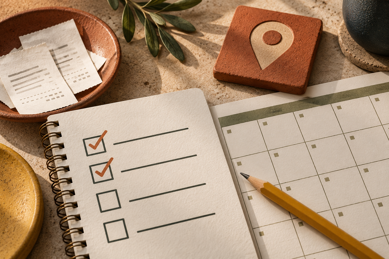 People-free measurement notebook with decision boxes and a weekly calendar